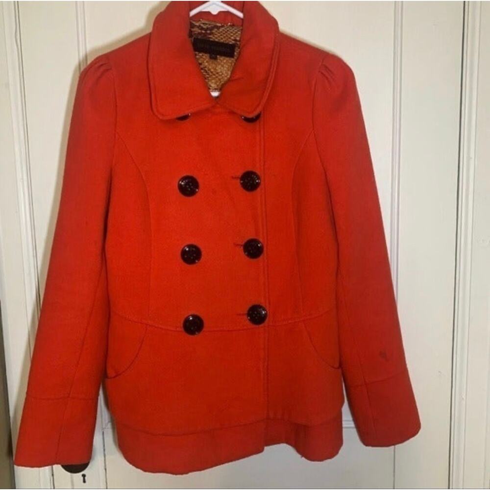 3/$30 Red Orange Double Breasted Pea Coat Wool Blend Jacket Button Front Medium